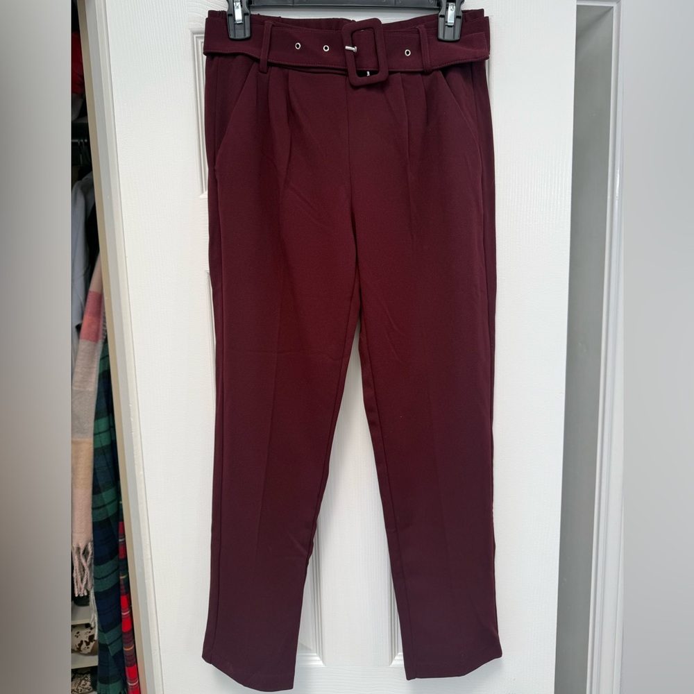 Fashion Nova Women's Maroon Belted Dress Pants